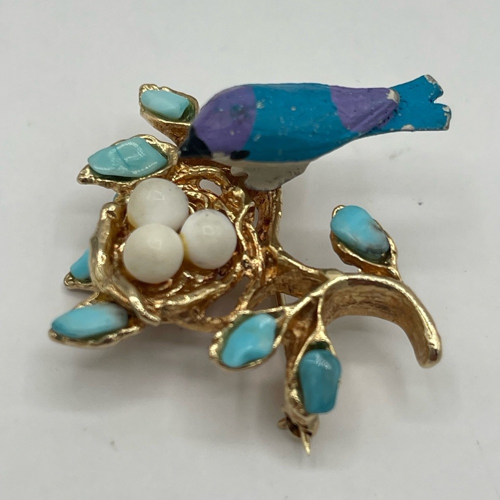 Vintage Swoboda Bird in Nest with Pearl Eggs Turquoise Gemstones Brooch Pin